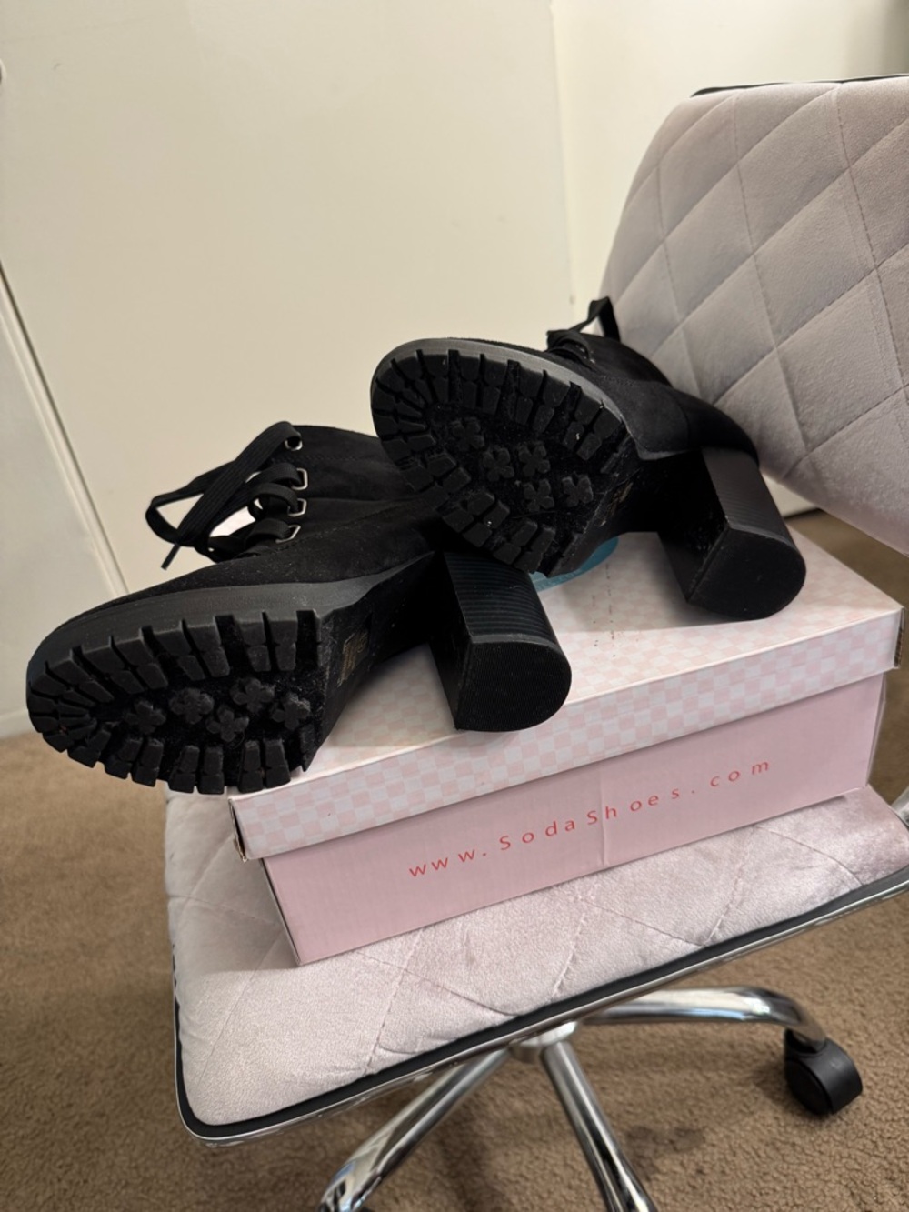 Soda Black Lace-Up Chunky Heel Ankle Boots - Picture 3 of 5